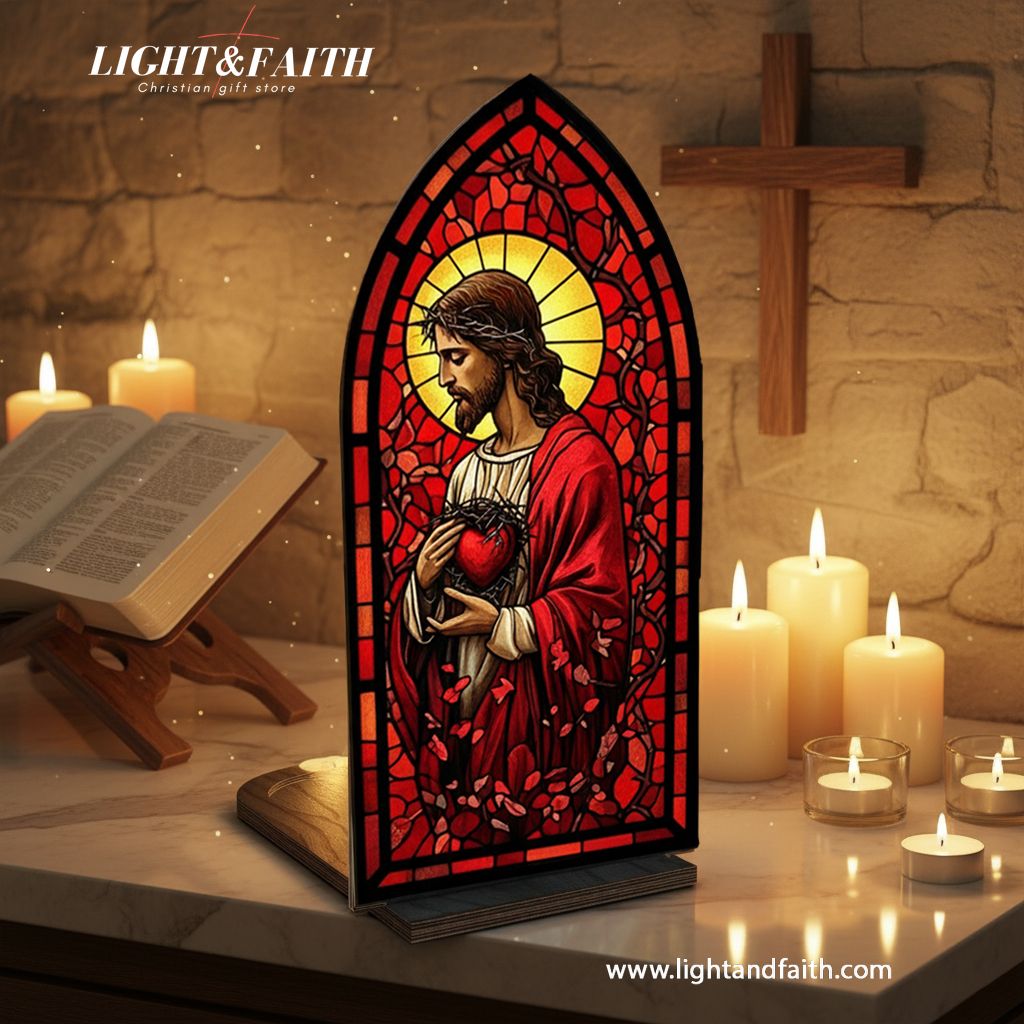 Sacred Heart of Jesus Book Nook, Stained Glass Style Acrylic Decor, Christian Gift, Religious Home Decoration, Faith Art Display BNLAF12